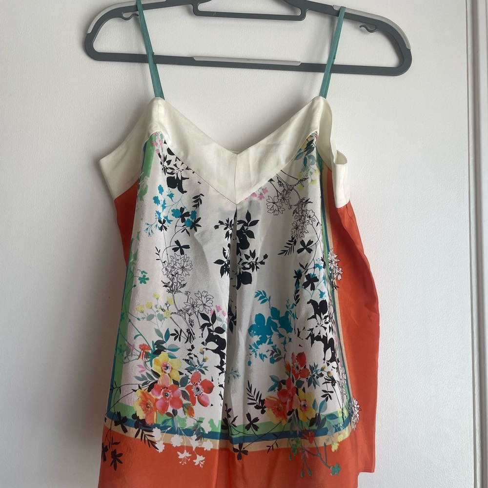 Anthropologie Cream Floral Silk Camisole with Orange Sides and Teal Straps